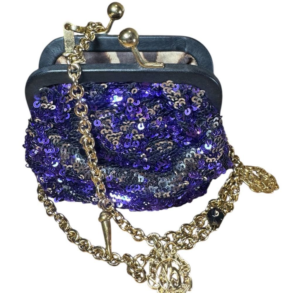 DOLCE & GABBANA Purple Sequins Mini Evening Minaudière Frame Chain Strap Clutch
